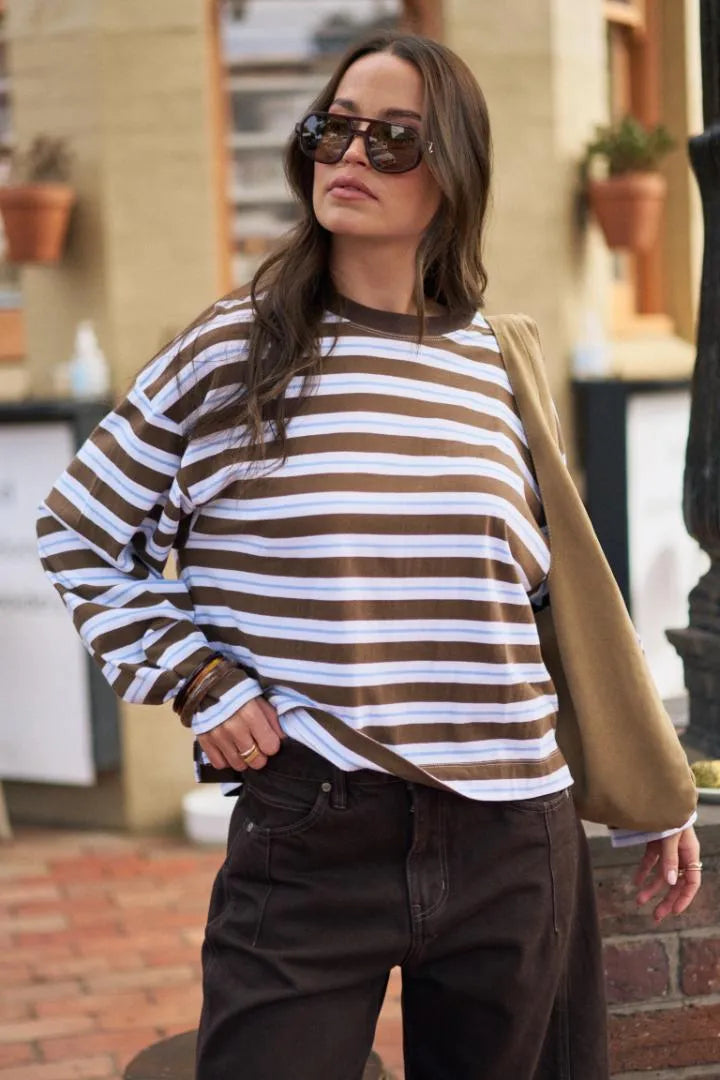CERES - Beau Long Sleeve Slouchy Tee/Cocoa Sky Blue Stripe