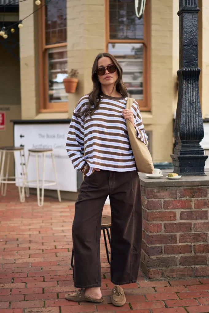 CERES - Beau Long Sleeve Slouchy Tee/Cocoa Sky Blue Stripe
