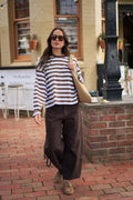CERES - Beau Long Sleeve Slouchy Tee/Cocoa Sky Blue Stripe