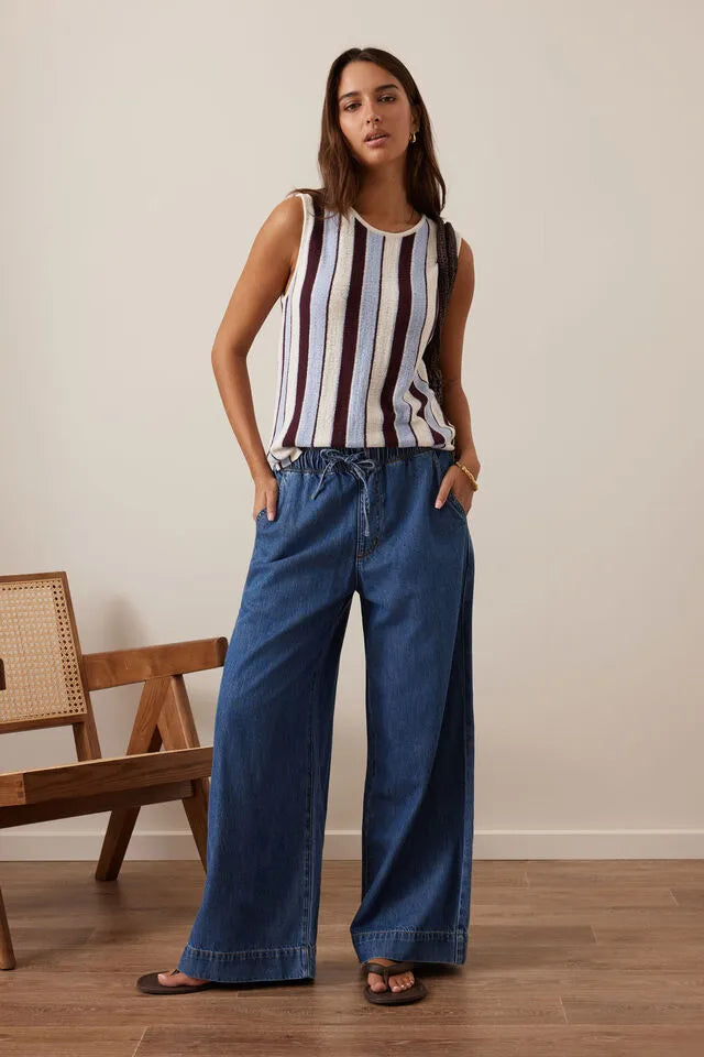 CERES - ANDIE WIDE LEG DRAWSTRING PANT/FRESH INDIGO