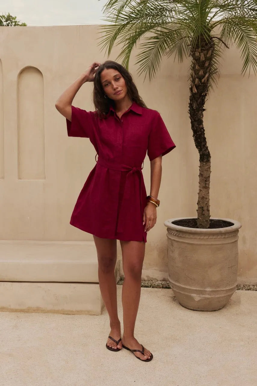 Owen Linen Mini Dress Burgundy