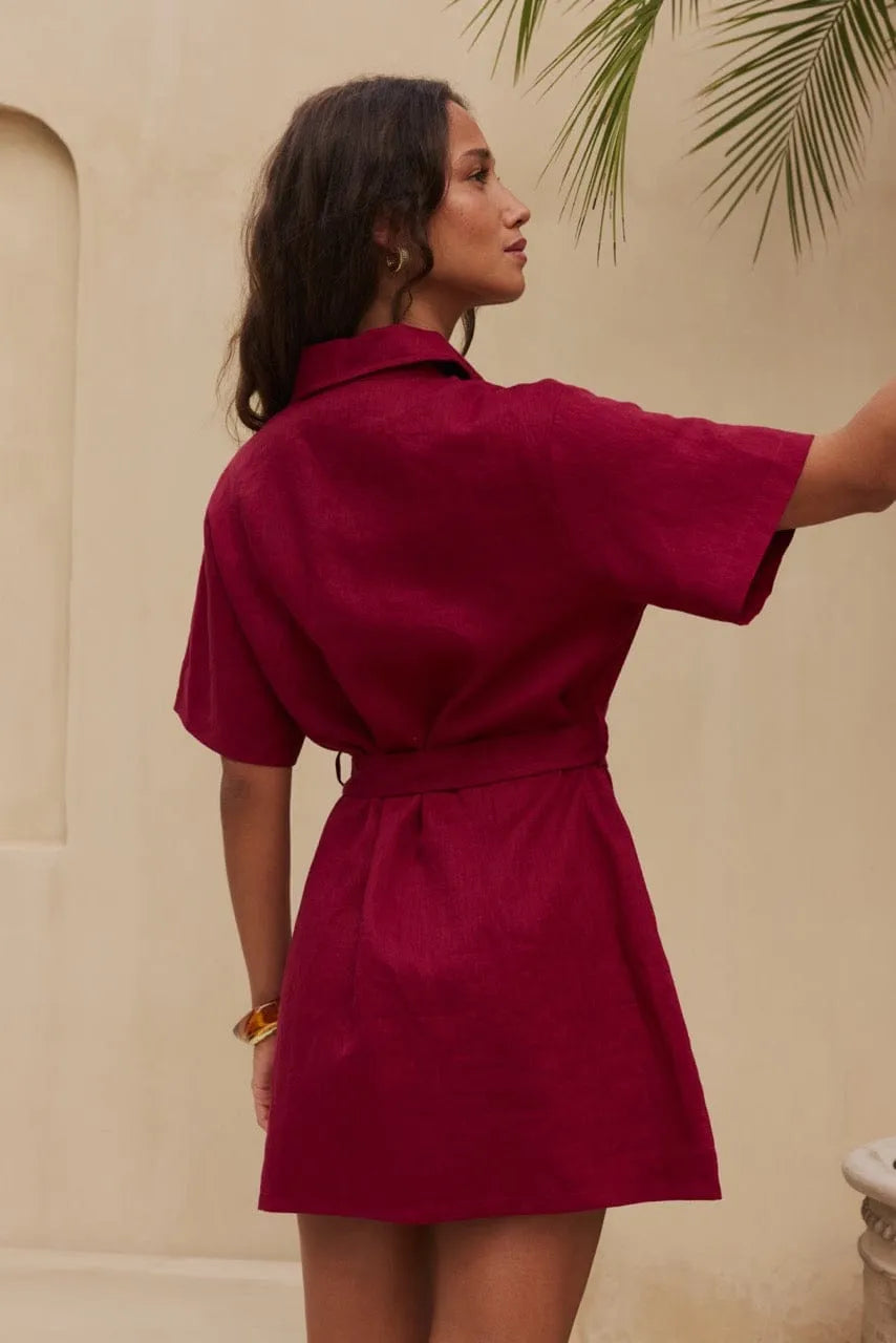 Owen Linen Mini Dress Burgundy