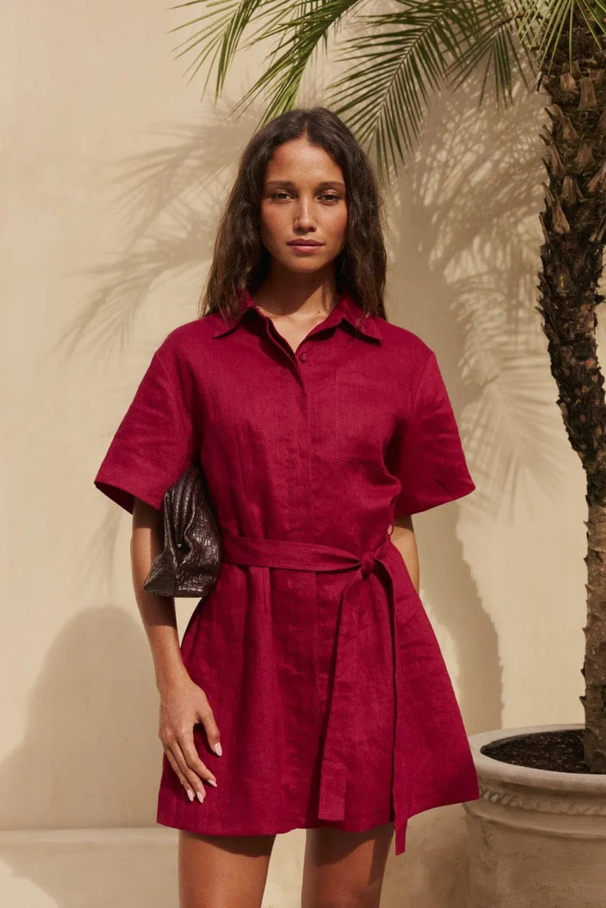 Owen Linen Mini Dress Burgundy