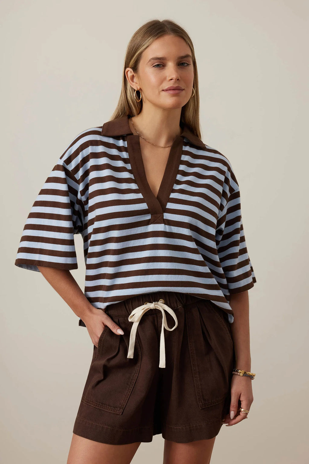 CERES - ARLIE SHORT SLEEVE RUGBY/CHOC/CHALK STRIPE