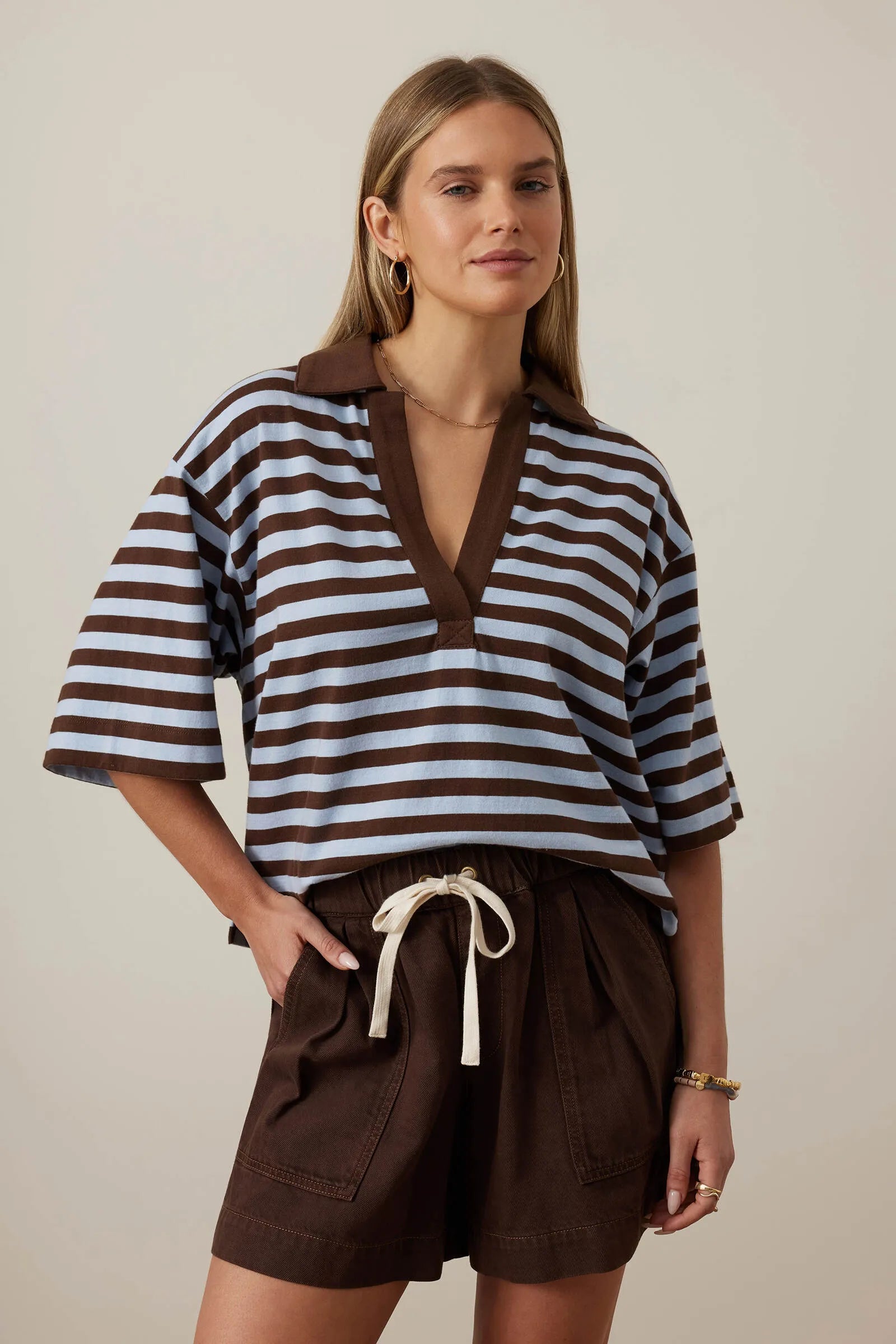 CERES - ARLIE SHORT SLEEVE RUGBY/CHOC/CHALK STRIPE