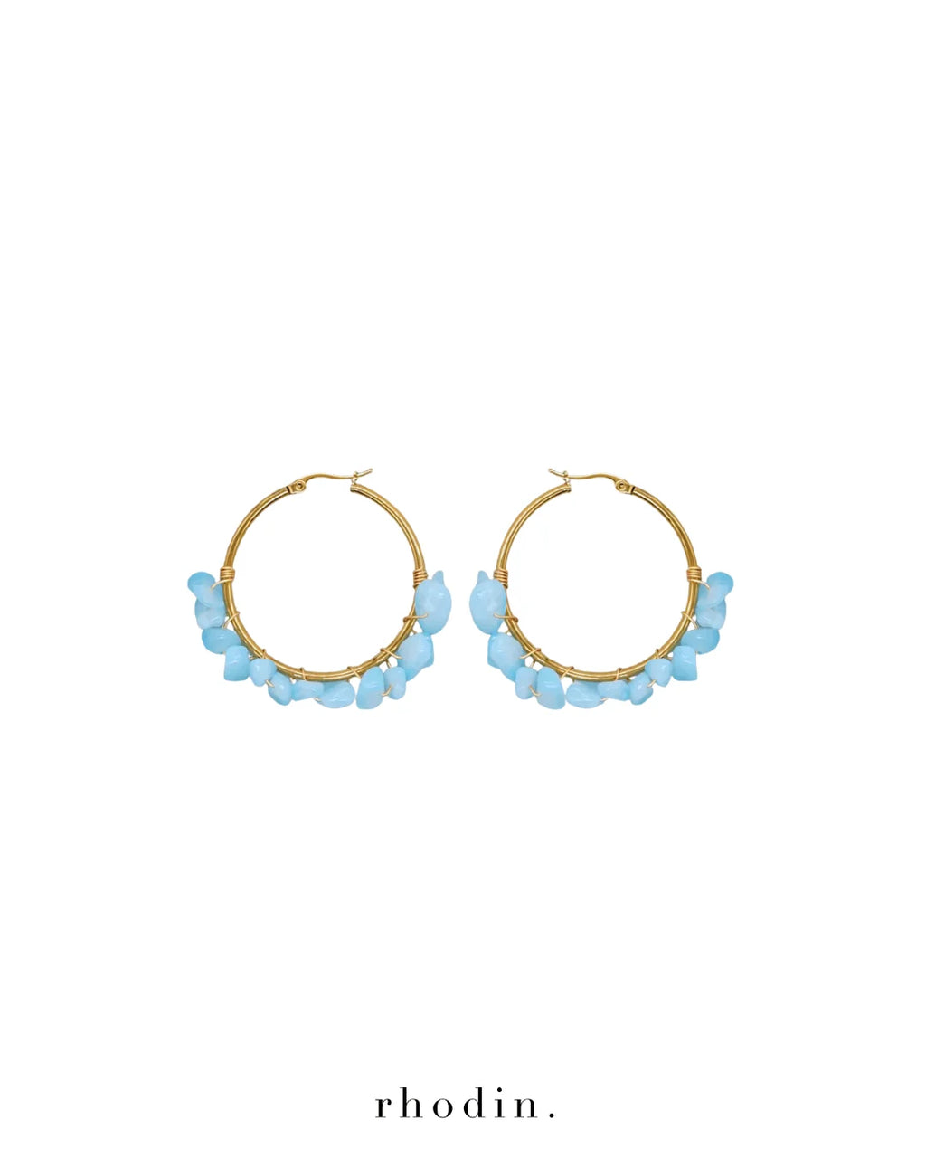RHODIN - Crystal Hoop Earrings in Light Ocean Turquoise Blue
