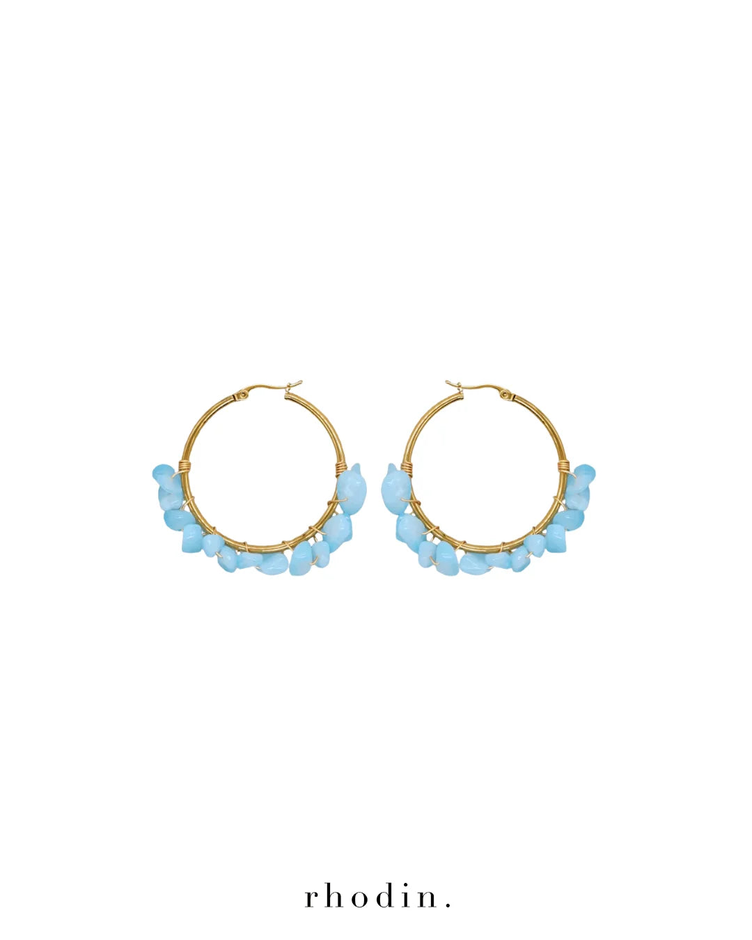 RHODIN - Crystal Hoop Earrings in Light Ocean Turquoise Blue