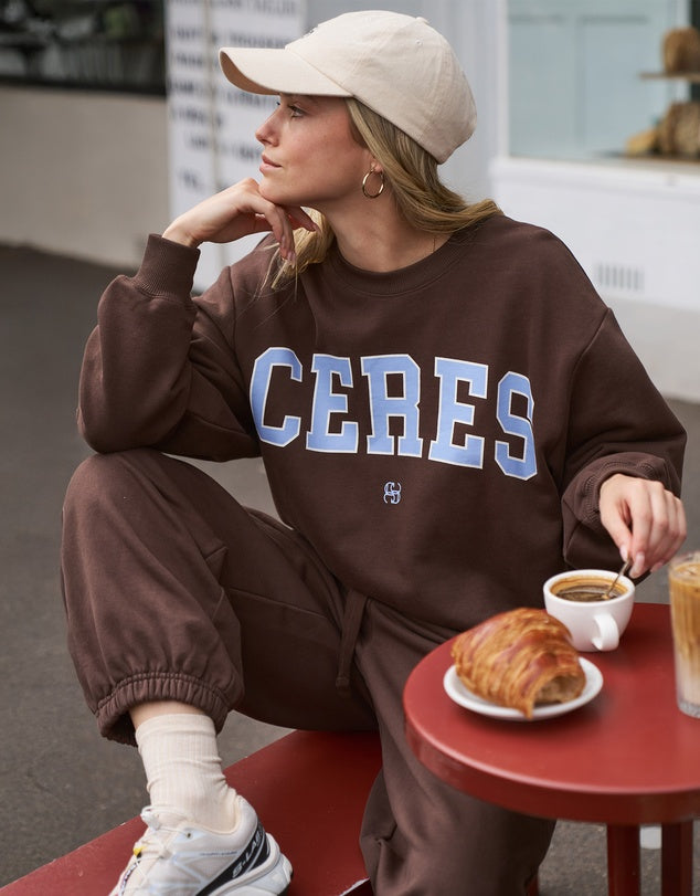 CERES LIFE Isla Oversized Slouchy Crew - brunette brown buff sky blue