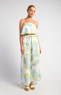 KENDYL Faux Linen Floral Print Strapless Top And Leg Split Detail Pants Set