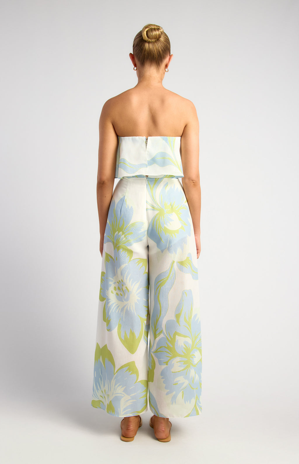 KENDYL Faux Linen Floral Print Strapless Top And Leg Split Detail Pants Set