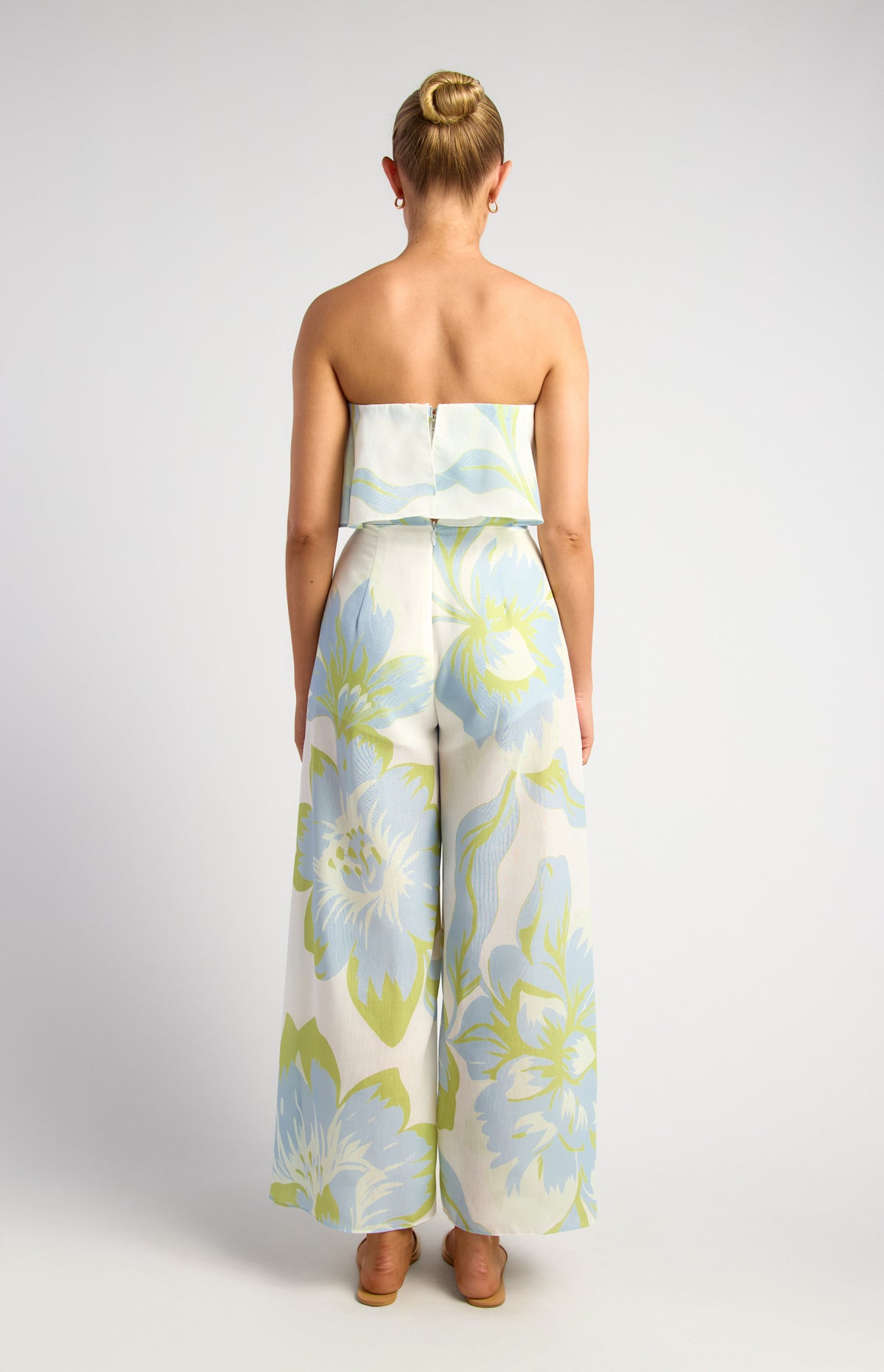 KENDYL Faux Linen Floral Print Strapless Top And Leg Split Detail Pants Set